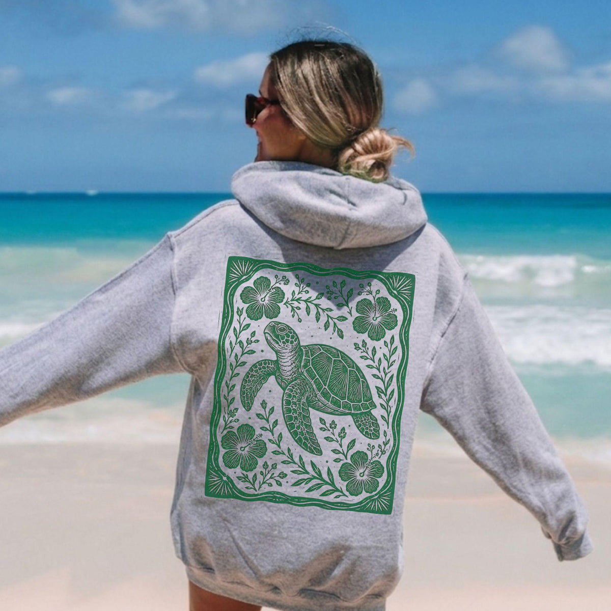 Sea Turtle Linocut Style Hoodie
