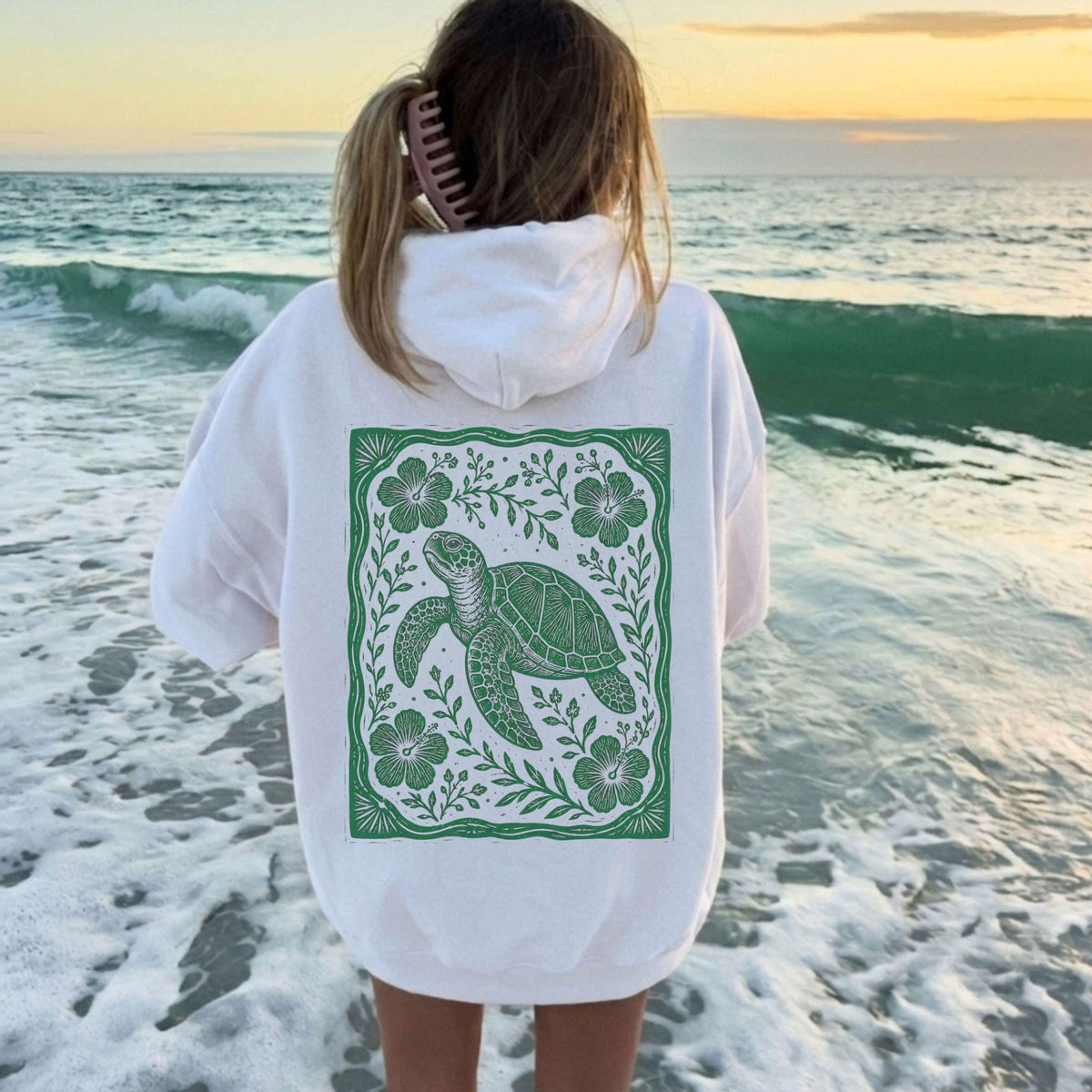 Sea Turtle Linocut Style Hoodie