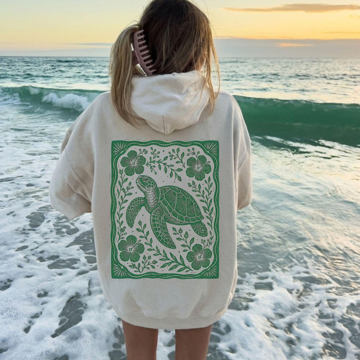 Sea Turtle Linocut Style Hoodie
